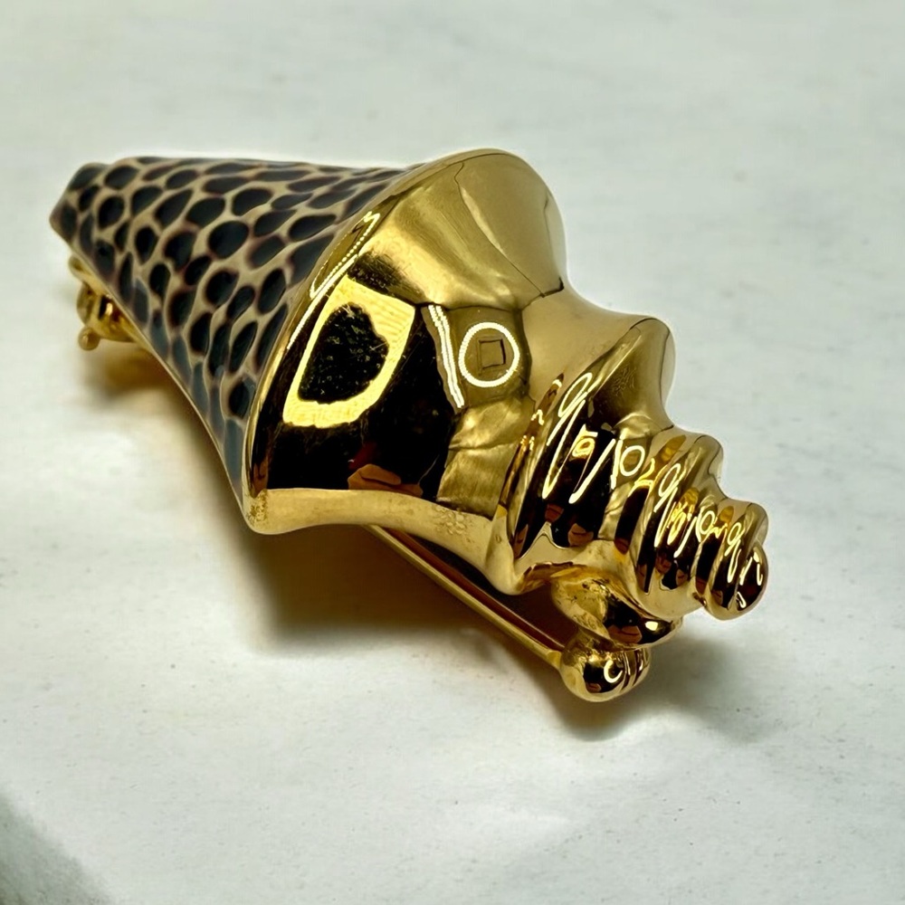 Kenneth Jay Lane Signed Leopard Shell Enamel Brooch Pin w Authenticity Cert